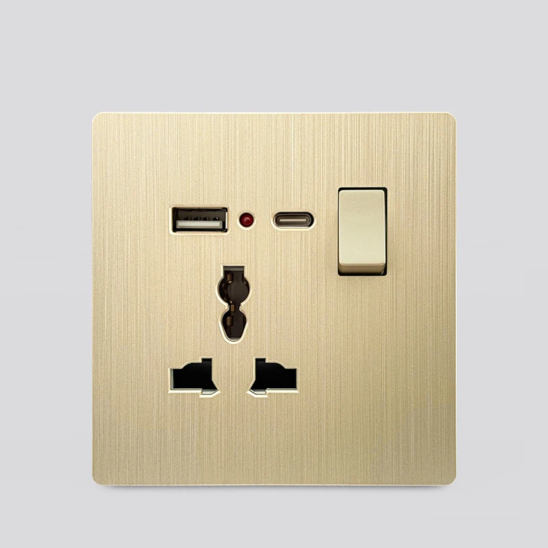 Luxe geborsteld goud ultradunne wand 1/2weg lichtschakelpaneel, EU FR stopcontact, UK universele 3-pins USB C-aansluiting AC 110-250V