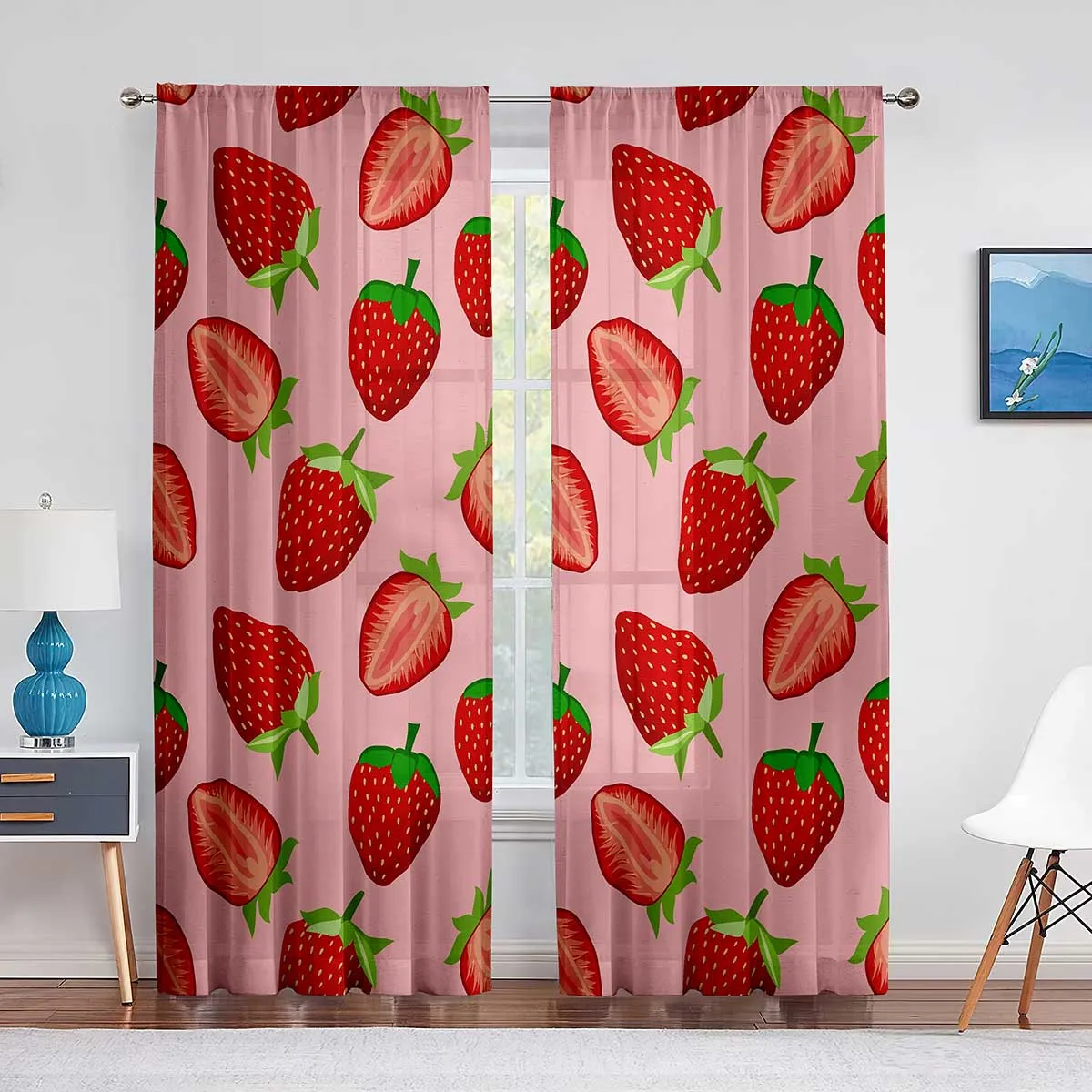 2panels Strawberry Fruit Sheer Curtains for Living Room Modern Fashion Valance Curtains Kitchen Blinds Window Curtain Rod Pocket