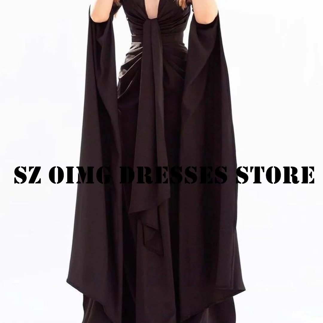 

OIMG New Design Prom Dresse Arabic Long Cape Sleeves Deep V-Neck Floor Length Black Women Evening Gowns Formal Party Dress