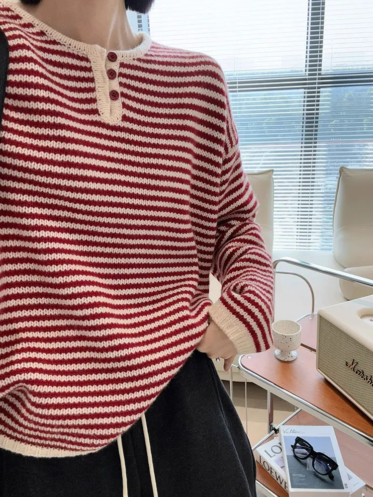 

Faionable Striped Color Blo Knitwear Casual Long Sve Autumn Winter Top for Small Stature Commuting Sle Loose Fit