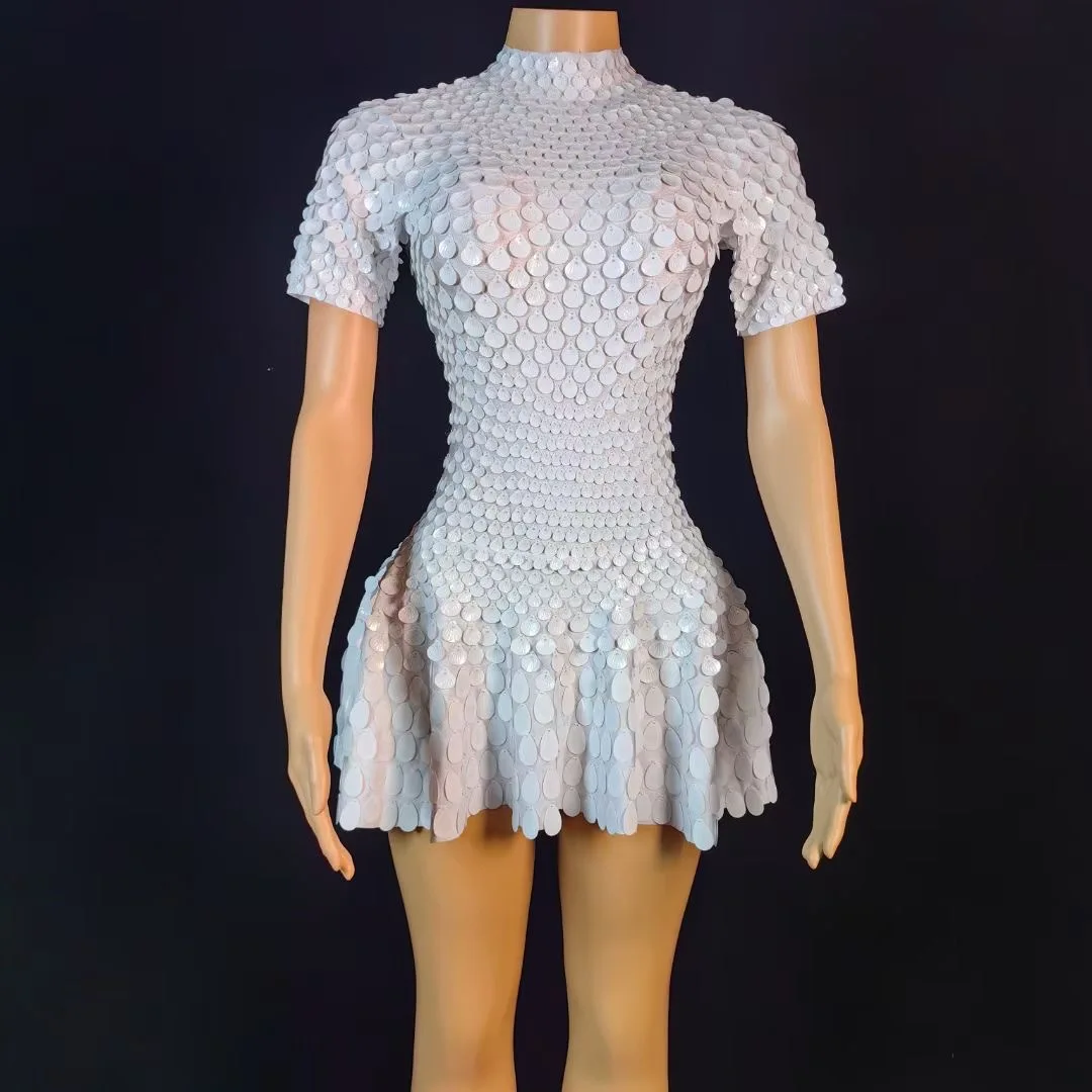 Popular Fashion Sequined Shell Skirt Short-sleeved Dress Nightclub Party Dress Stage Performance Dress Luxo Elegante Festa Longa