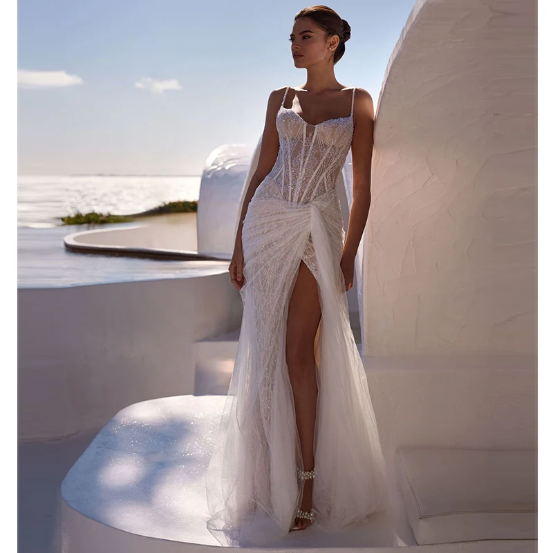 

Luxurious Mermaid Wedding Dress Organza With Embroidery Beading Ball Gown Sleeveless Square Collar Customized Vestido De Novia