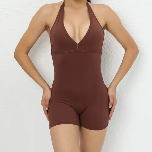 Imagen 2 del producto Nuevo mono de una pieza para mujer, pantalones cortos con lazo en el pecho en forma de V, monos de Fitness con relleno, ropa de entrenamiento, conjuntos de gimnasio