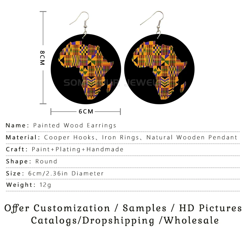 SOMEHOUR African Ethnic Fabric Deisgn Tribal Wooden Drop Earrings Ankara Arts Print Geometric Boho Loops Dangle For Women Gifts