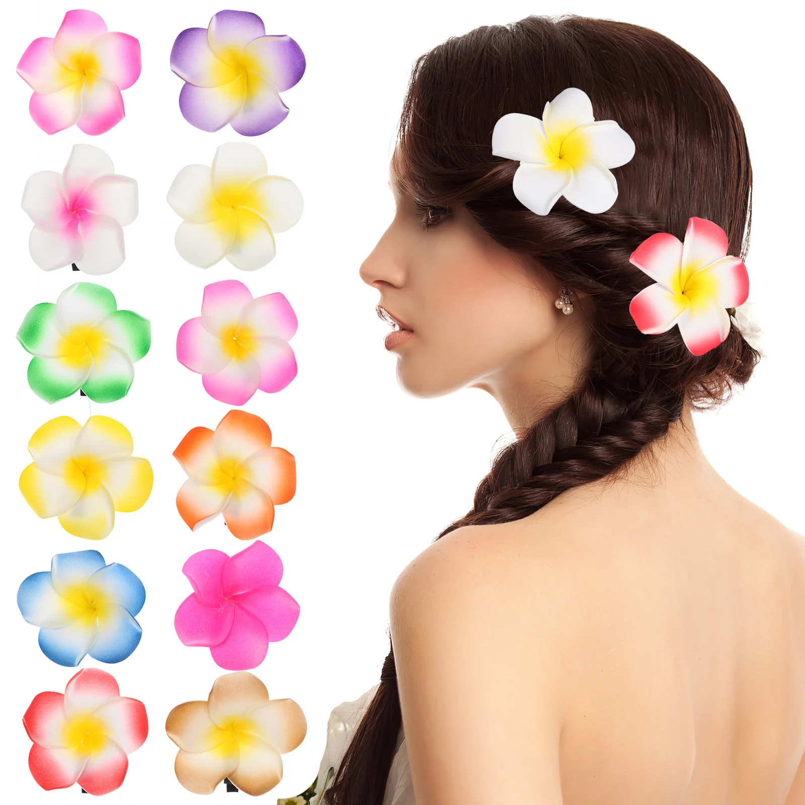 

24pcs Plumeria Flower Hair Clips 12Colors 6cm Hawaiian EVA Premium Artificial Accessories Bride Wedding Luau Shore