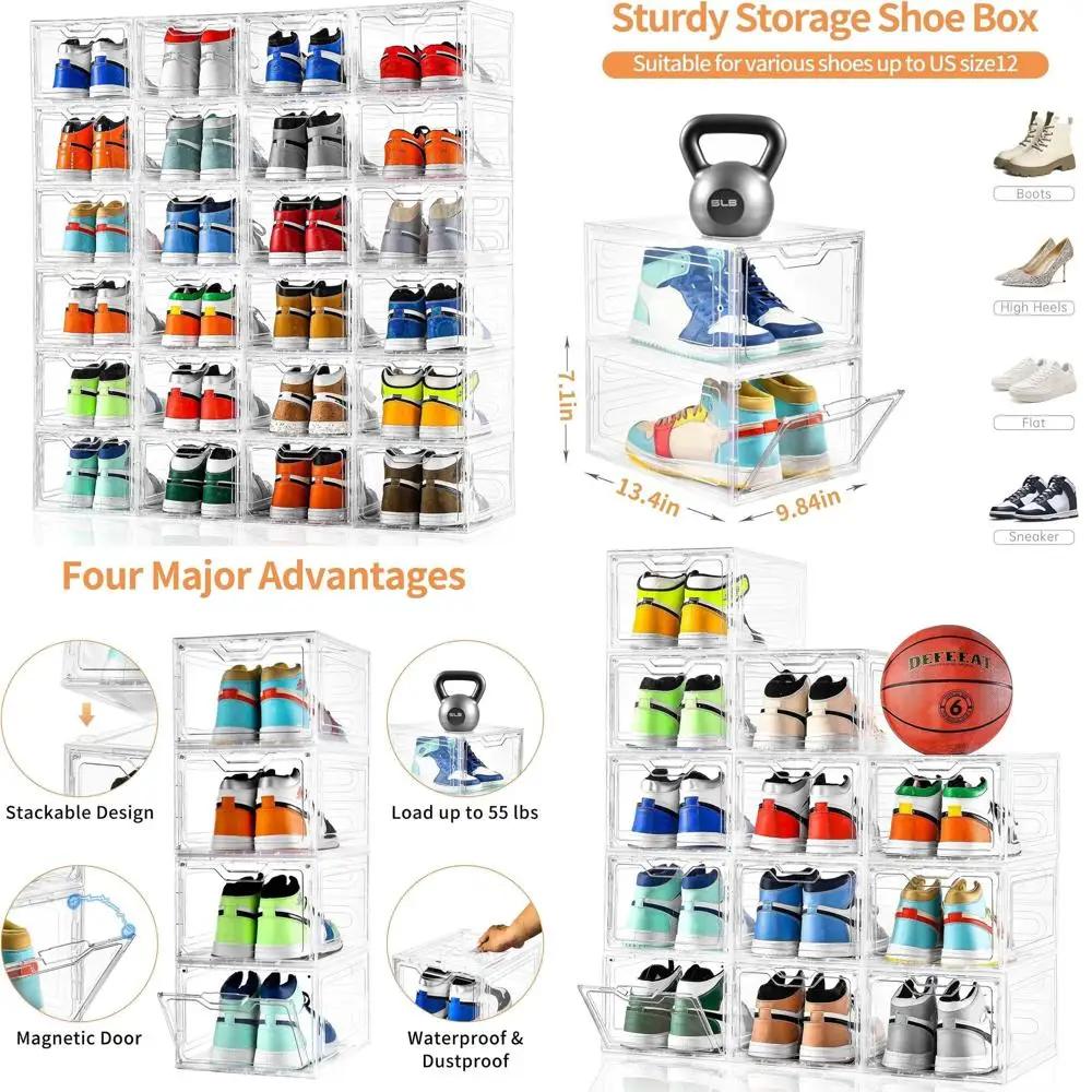 

Clear Shoe Storage Organizer, 12-Pack Stackable Plastic Shoe Boxes with Magnetic Closure, Ideal for Sneaker and Boot Storage, Fi
