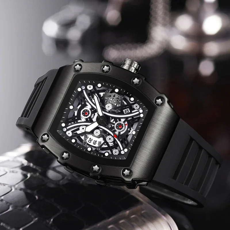 Luxury Watches Mens Automatic Date Sports Silicone Strap Waterproof AAA Clocks Fashion Tonneau Quartz Wristwatch Mans Gift