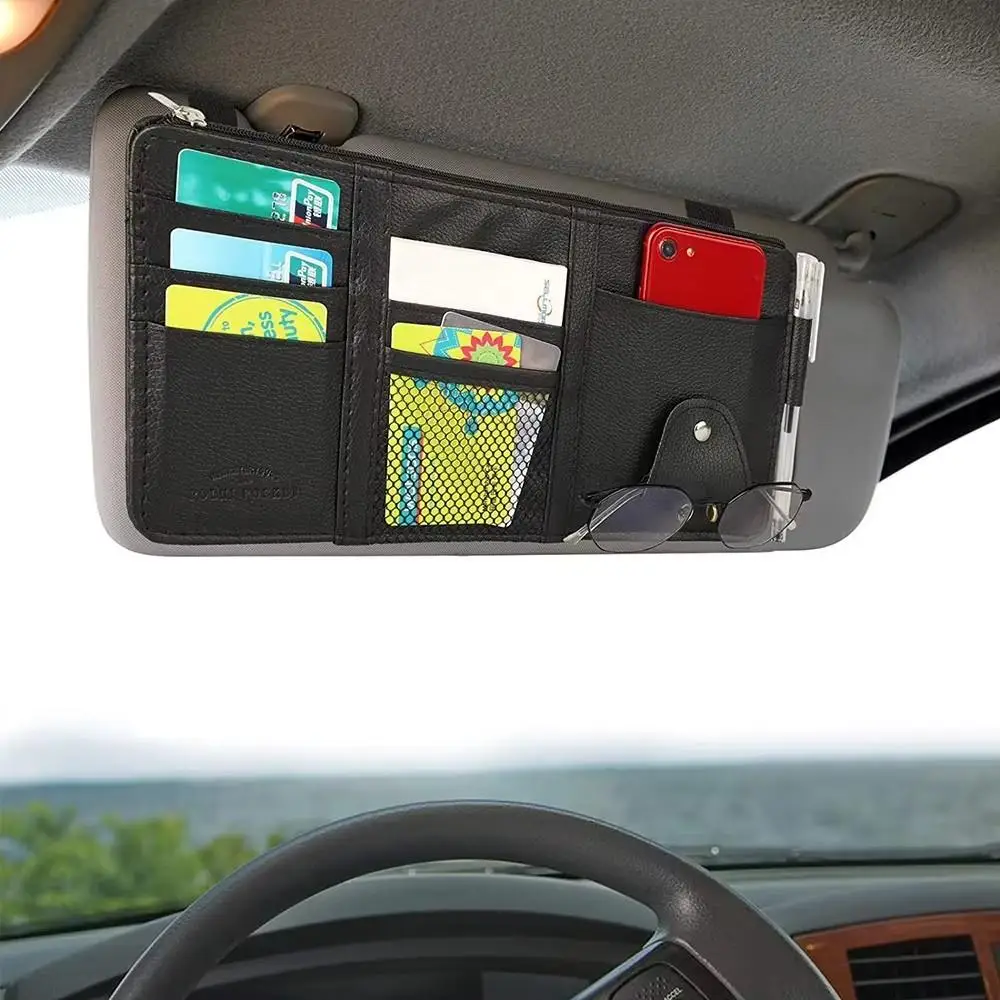 PU Leather Car Sun Visor Organizer Multi-Pocket Zipper Storage Bag Sunglasses Card Holder Document Pouch Accessories