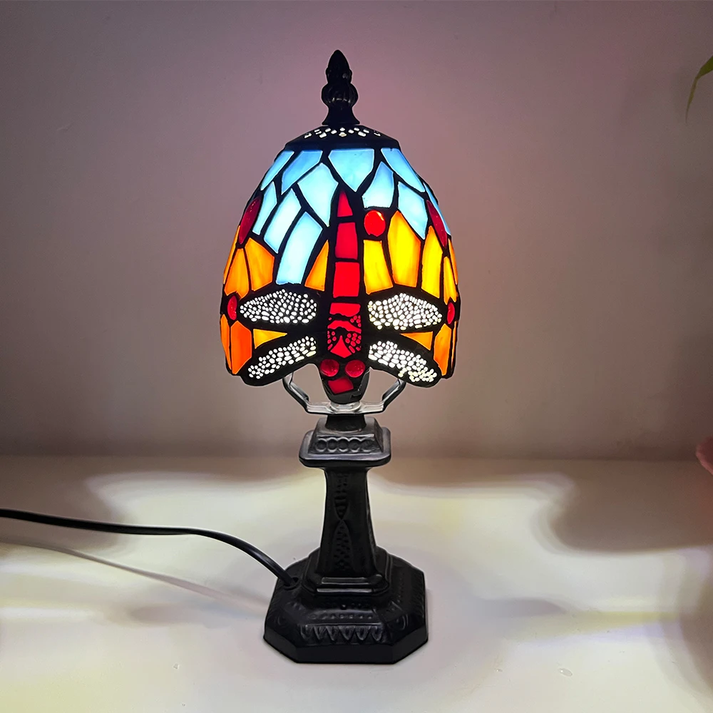 

LongHuiJing Handcrafted Tiffany Art Table Lamps Mini Dragonfly Stained Glass Lampshade Desk Light With Antique Base