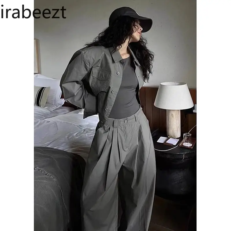 Grey Short Stormtrooper Top High-waisted Trouser Suit Two-piece Set Fashionable Spring Conjunto De Pantalon Y Blusa Para Mujer