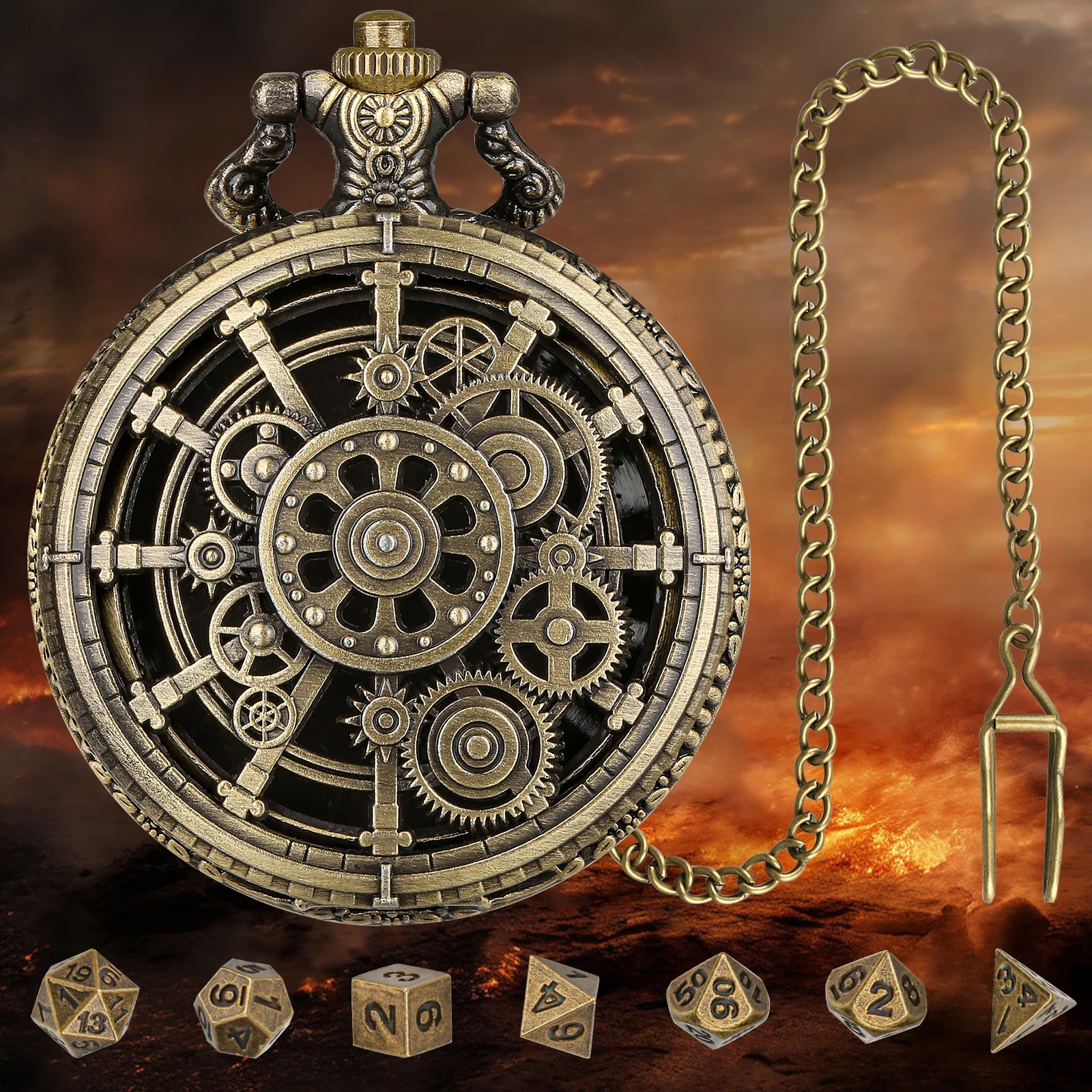 YISUYA Punk Gear Pocket Watch Case Dice Set, 7pcs Polyhedral Metal DND Dice, Roleplaying Board Game Accessories Party Gifts