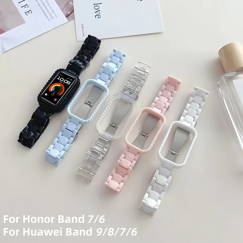 Strap + Edge Case For Huawei Band 9 8 7 6 Honor Band 7 6 Smartband Replement Bracelet For HUAWEI Band9 Band8 Resin Correa