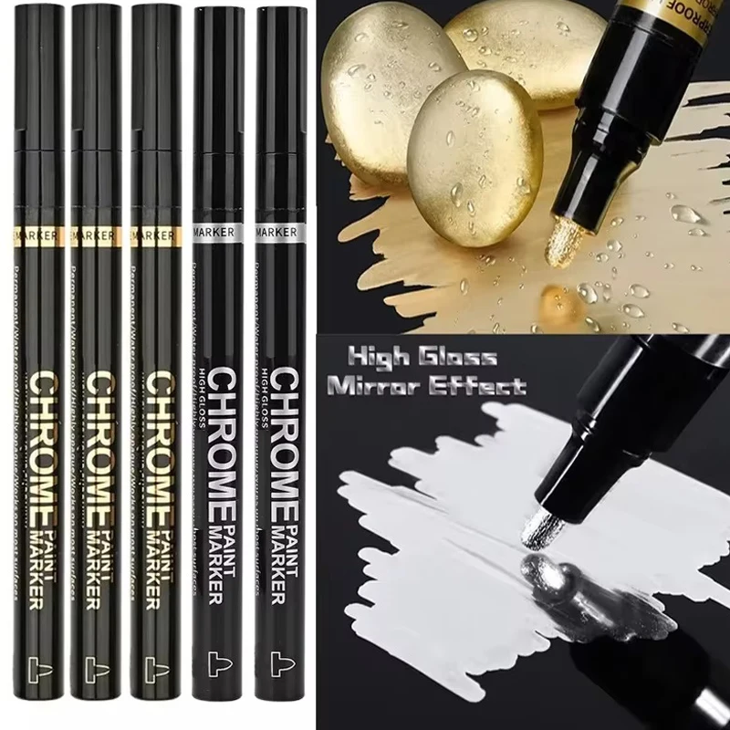 5/1pcs Chrome Pen Marker Spiegel Waterdichte Verf Reparatie Voor Rock Keramisch Glas Metallic Goud/Zilver 2mm Penpunt
