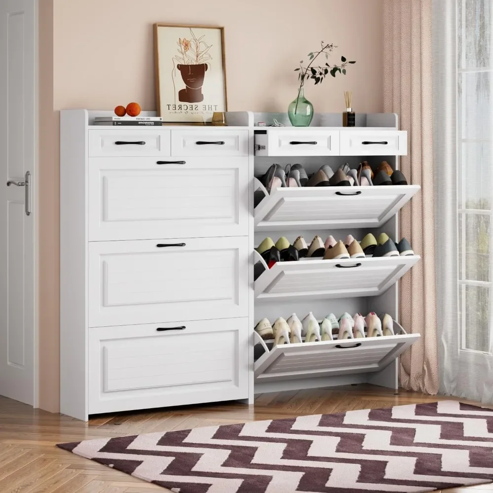 Shoe Cabinets Set of 2 with 3 Flip Drawers & 2 Slide Drawers, Adjustable Shelves, Wood Freestanding Narrow Shoe Cabinets