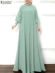 ZANZEA Women Modest Elegant Eid Maxi Dress Shirring Cuff Long Sleeve Ruffled O Neck Vestidos Muslim Islamic Hijab Abaya Robes