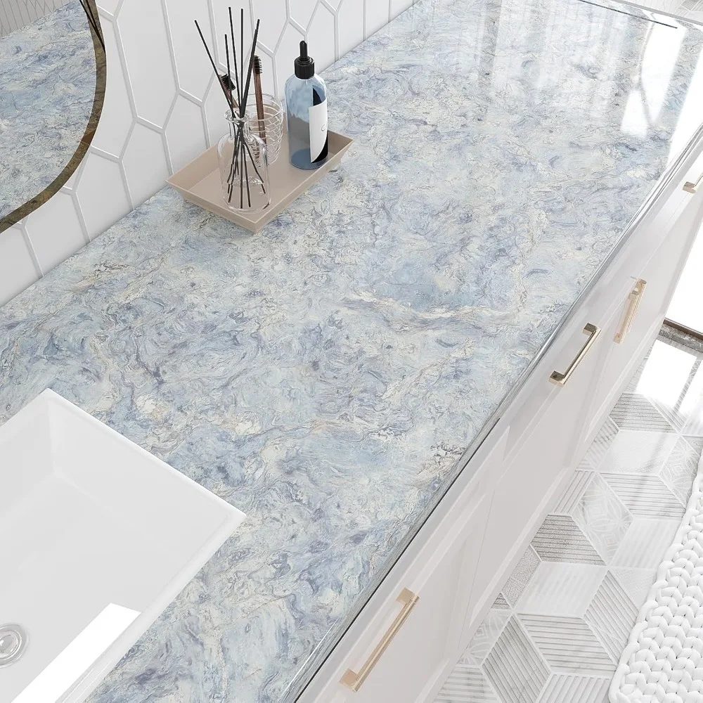 Papel de bancada de mármore azul, casca e bastão à prova d'água, 32x354 polegadas, revestimento decorativo autoadesivo para contadores de cozinha