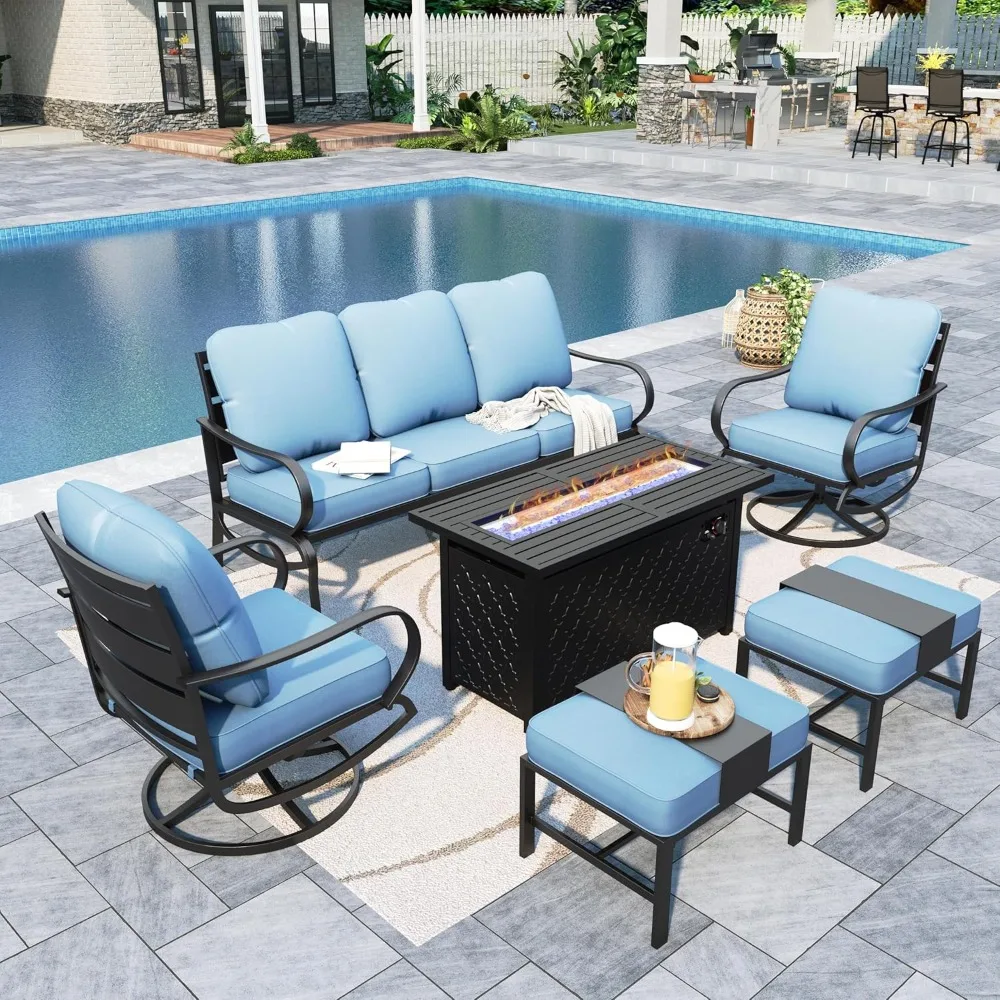 

7 Piece Furniture Set with 45" Gas Fire Pit Table Outdoor Set 7 Pieces, 1x3 Seater Sofa, 2x Footstool Backyard Poolside Blue