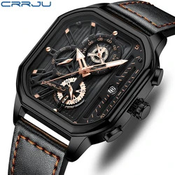 CRRJU Men Watch Square Quartz Chronograph Luminous Dial Leather Casual Sport Wristwatch Relogio Masculino