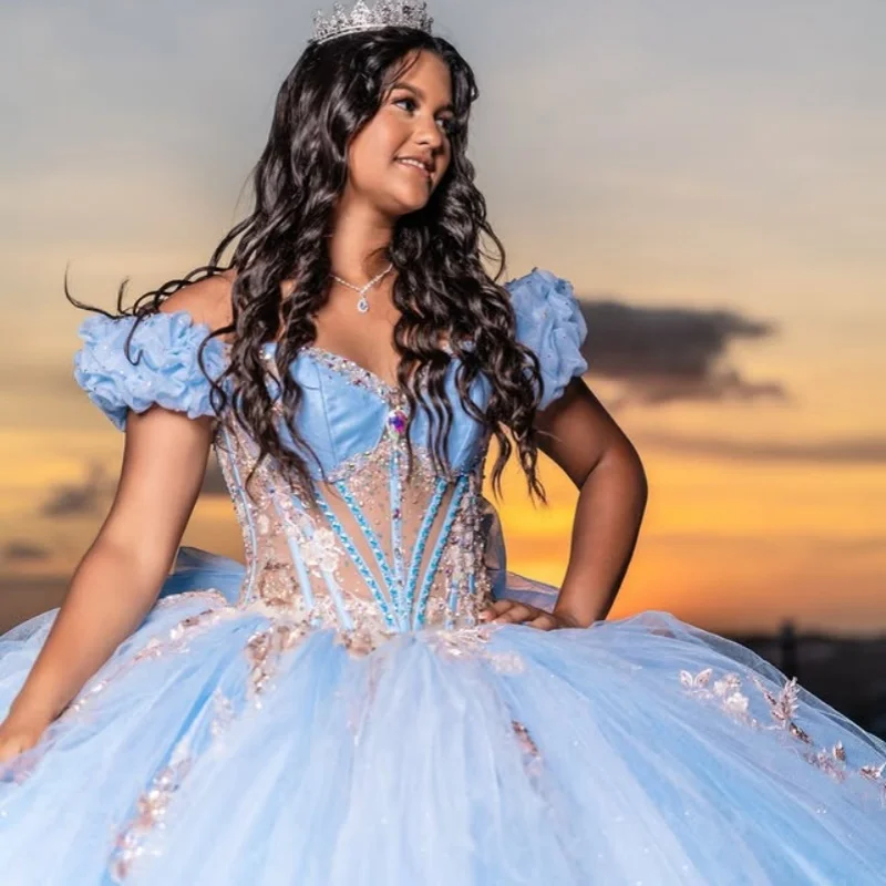 

Customized Shiny sky blue Quinceanera Dresses Off the Shoulder Tull crystal sequin applique Lace Bow Vestido De 15 Quinceanera
