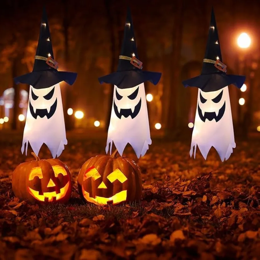 Halloween Glowing Ghost Witch Hat Decorations, LED Hanging String Lights with 3 Lighting Modes Double-Sided Ghost Face Ornaments