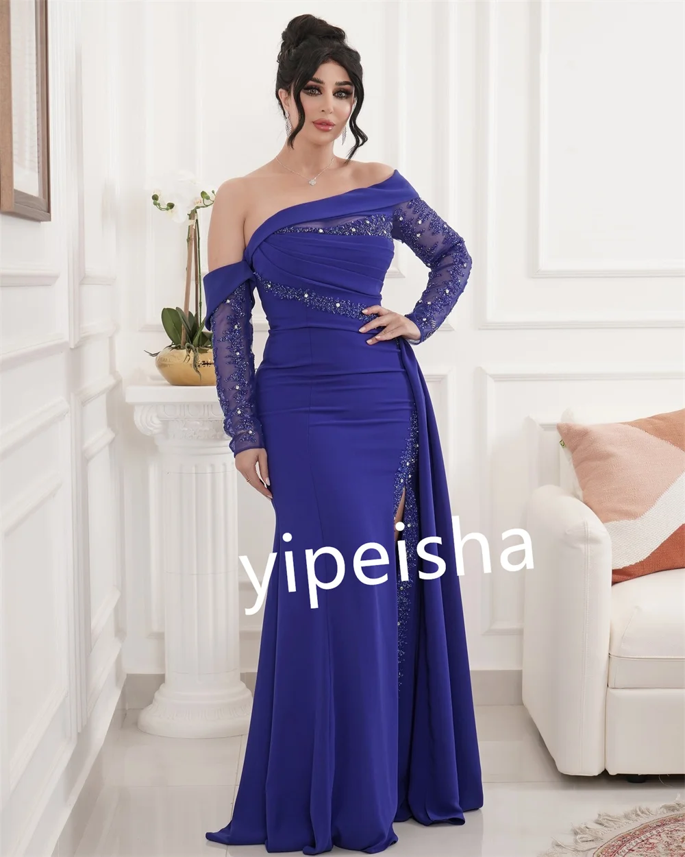 Customized Jersey Draped Beading Homecoming A-line Off-the-shoulder Bespoke Occasion Gown Long Dresses