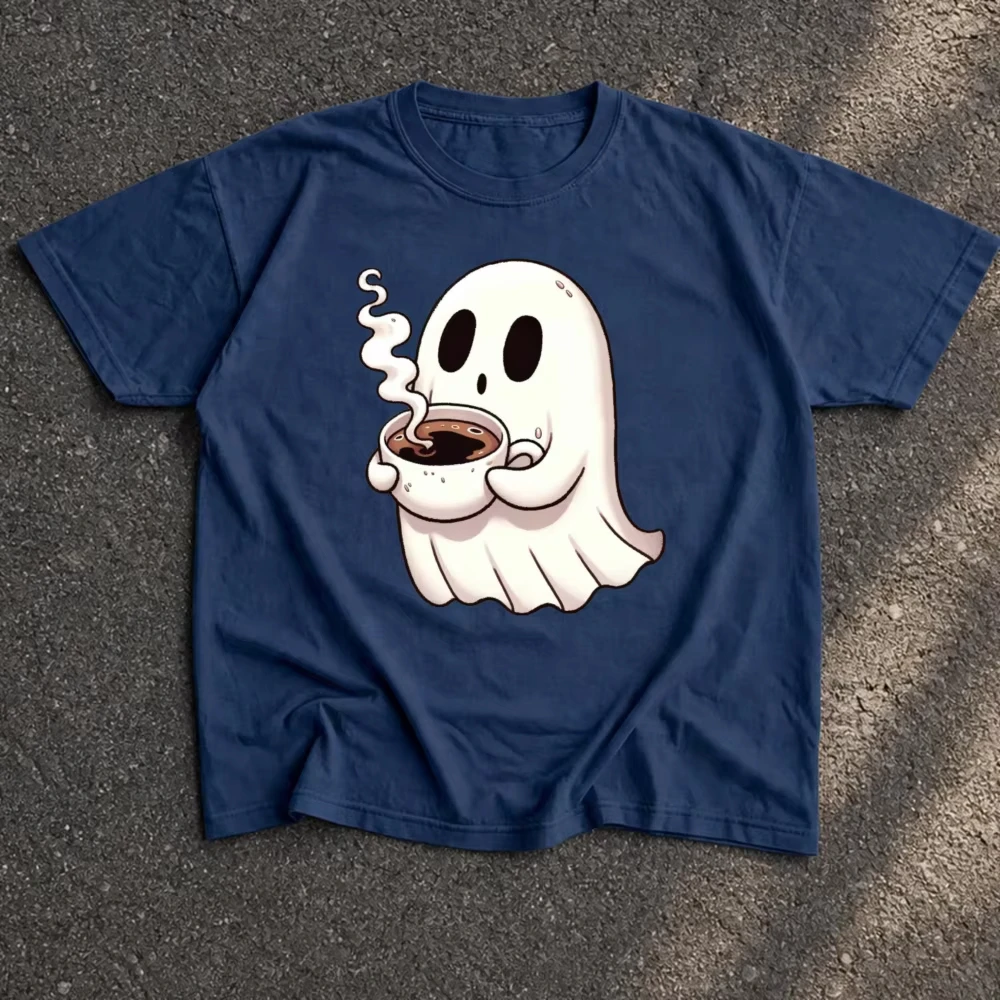 Spooky Ghost Holding Coffee Woman Streetwear Top Halloween Cute Graphic Tee Fall Cafe Shirt Preppy Style Casual Daily Wear