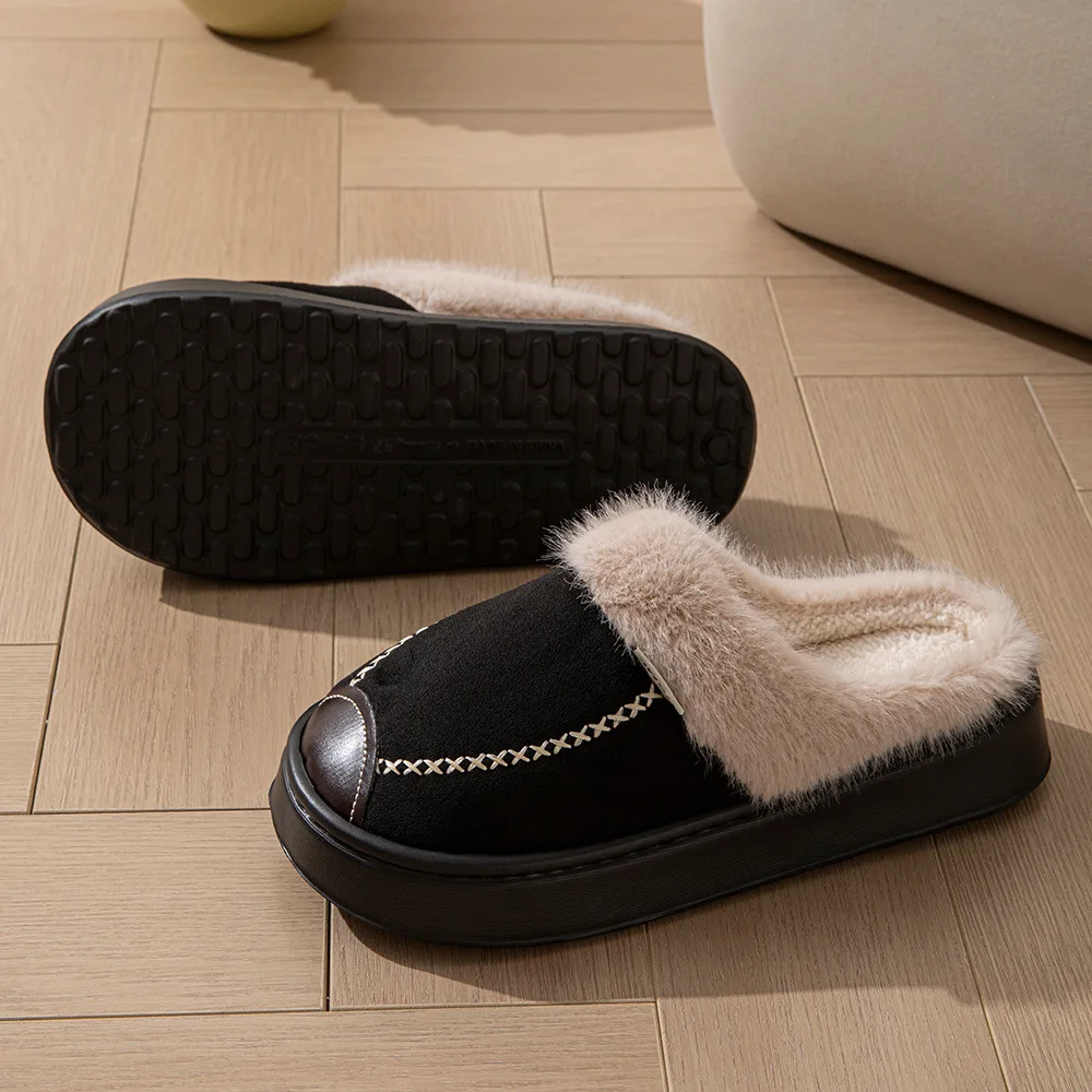 Warm Faux Fur Indoor Fluffy Slippers For Women Men Autumn Winter House Shoes Soft EVA Sole Couples Home Cotton Slipper view 6