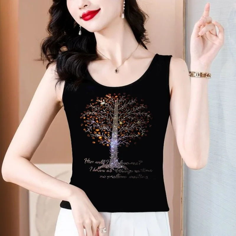 Simple Large Size Sling Vest Women's Summer New Temperament Rhinestones Sleeveless Graphic Inner Wear Outfis Tank Top