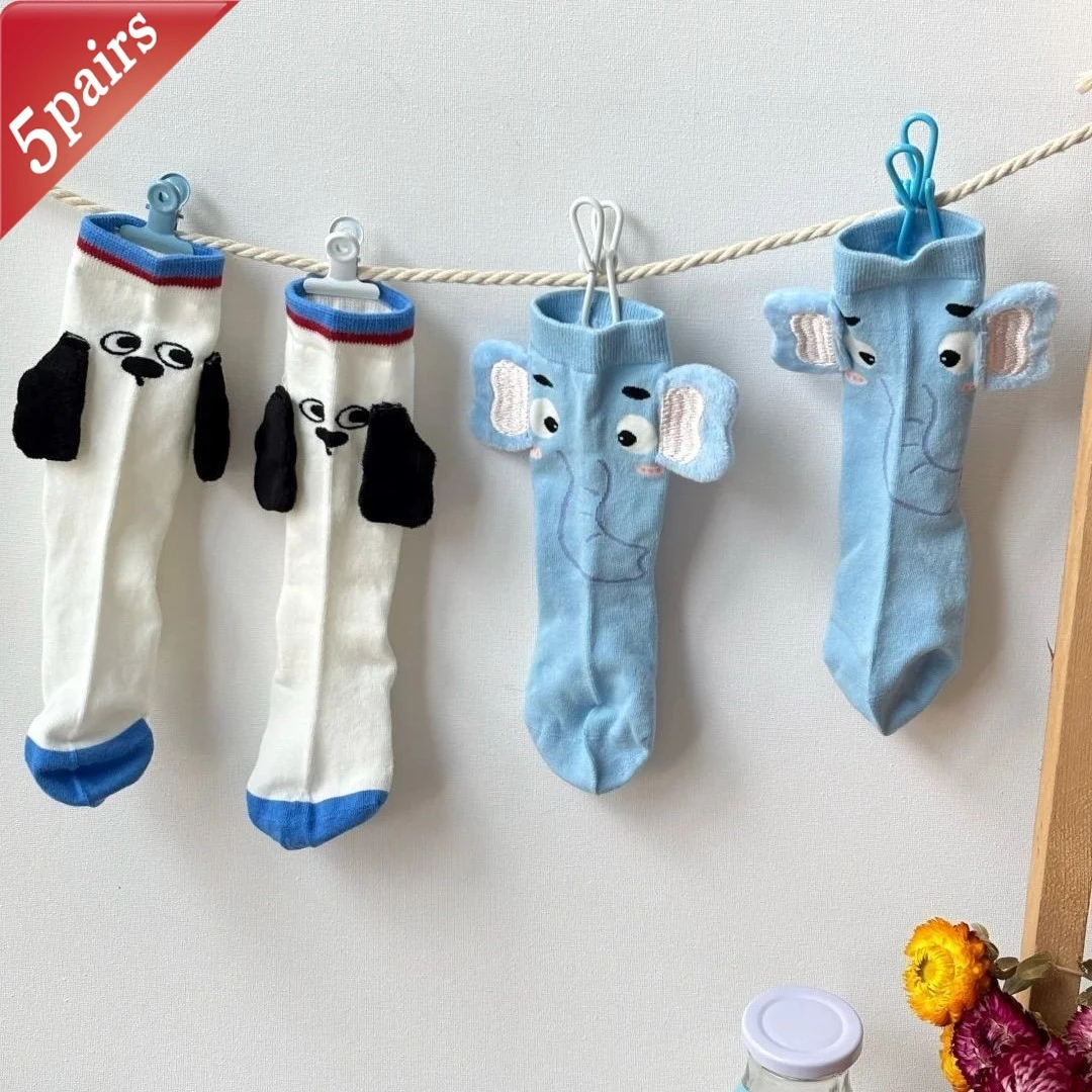 

5 Pairs Women's Socks Set 3D Cartoon Kawaii Elephant Puppy Cute Middle Tube Socks Funny Versatile Preppy Style Socks For Girl