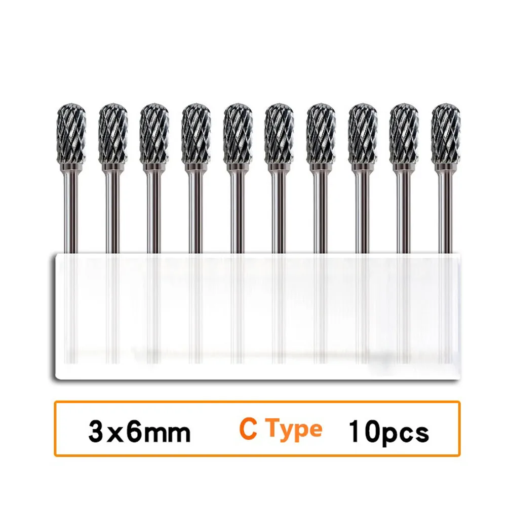 10PCS 3mm Shank Tungsten Carbide Burrs Rotary Drill Grinder Carving Bit Double Cut Wood Metal Carving Chamfering Deburring Bit