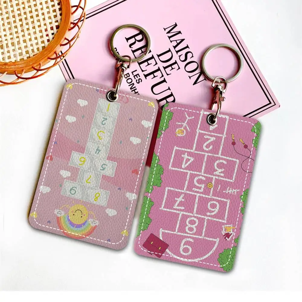 Hopscotch Cartoon Aesthetic Keychain With Access Card Holder, Bus Pass & Meal Card ID Bank Card Protective Case For Security