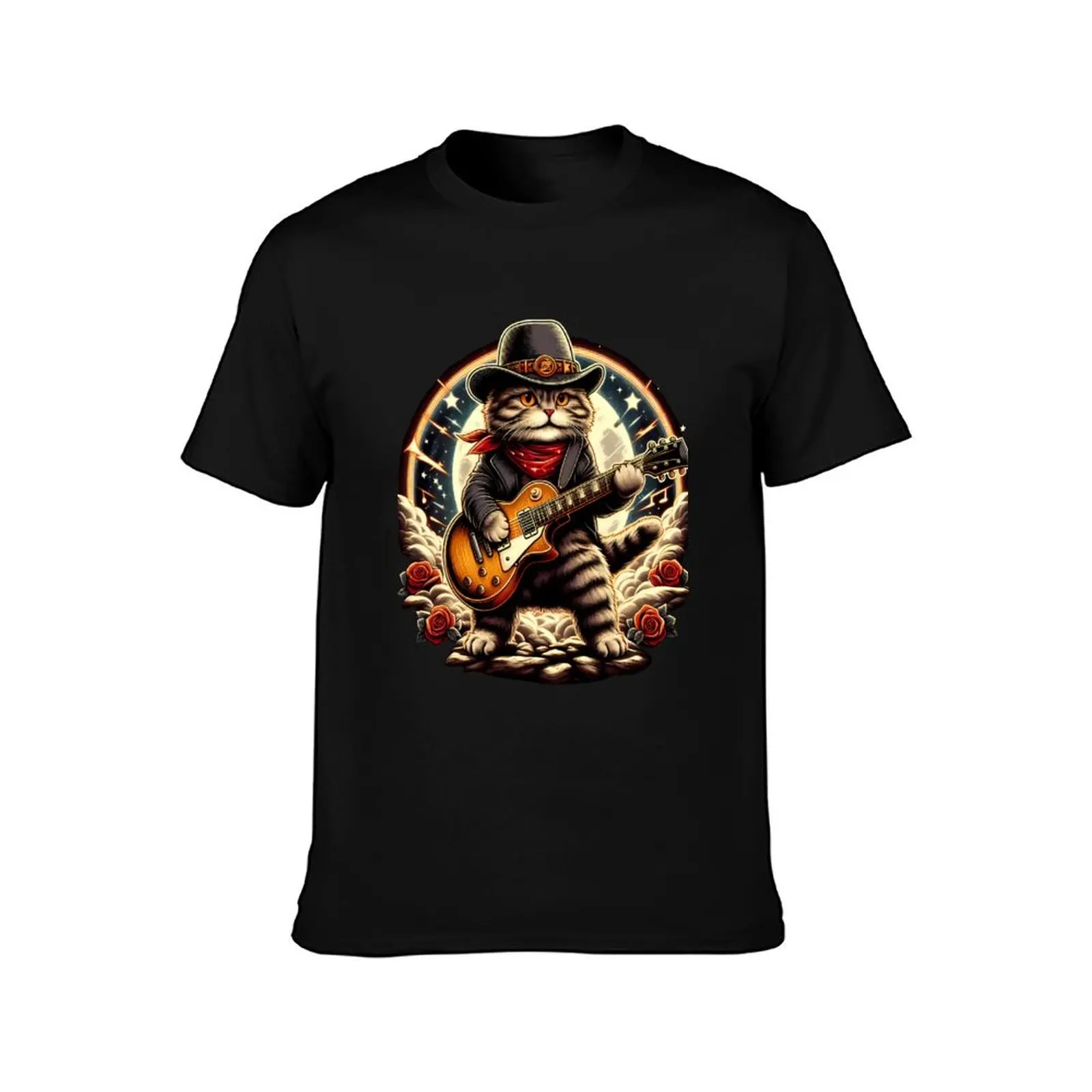 cat playing guitar art T-Shirt anime oversized graphic t shirt vintage mens t shirts top quality