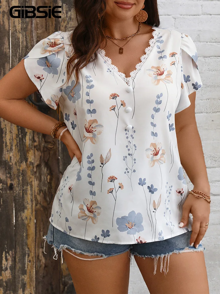 GIBSIE Plus Size Summer V Neck Lace Petal Sleeve Blouse Women Fashion Vintage Floral Print Button Casual Shirts Tops Female