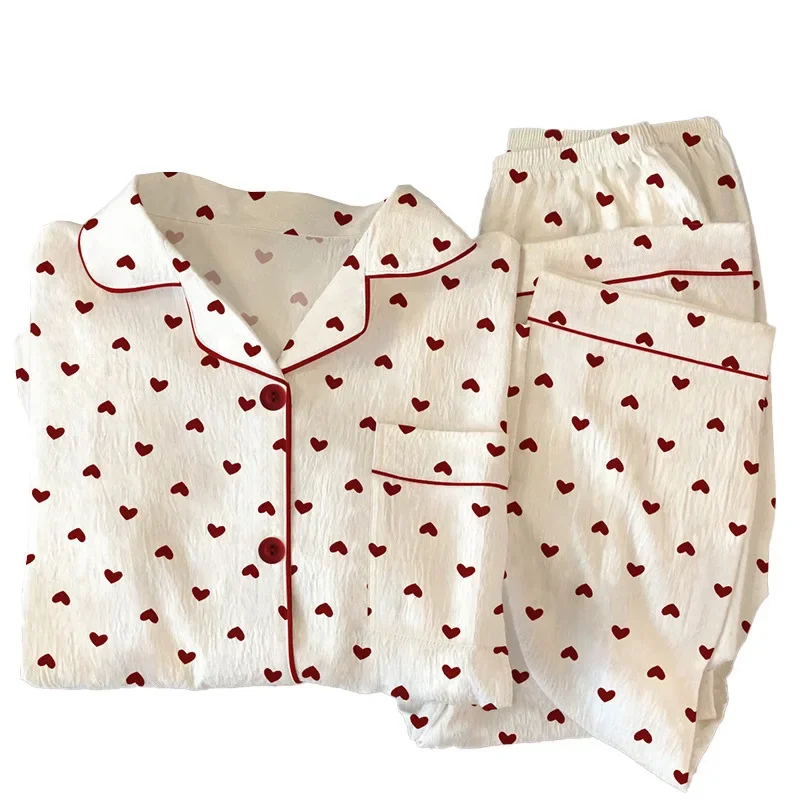 Primavera y otoño nuevos pijamas de mujer conjunto de ropa de descanso chica amor cárdigan pijamas tela arrugada ropa de descanso conjunto de manga larga