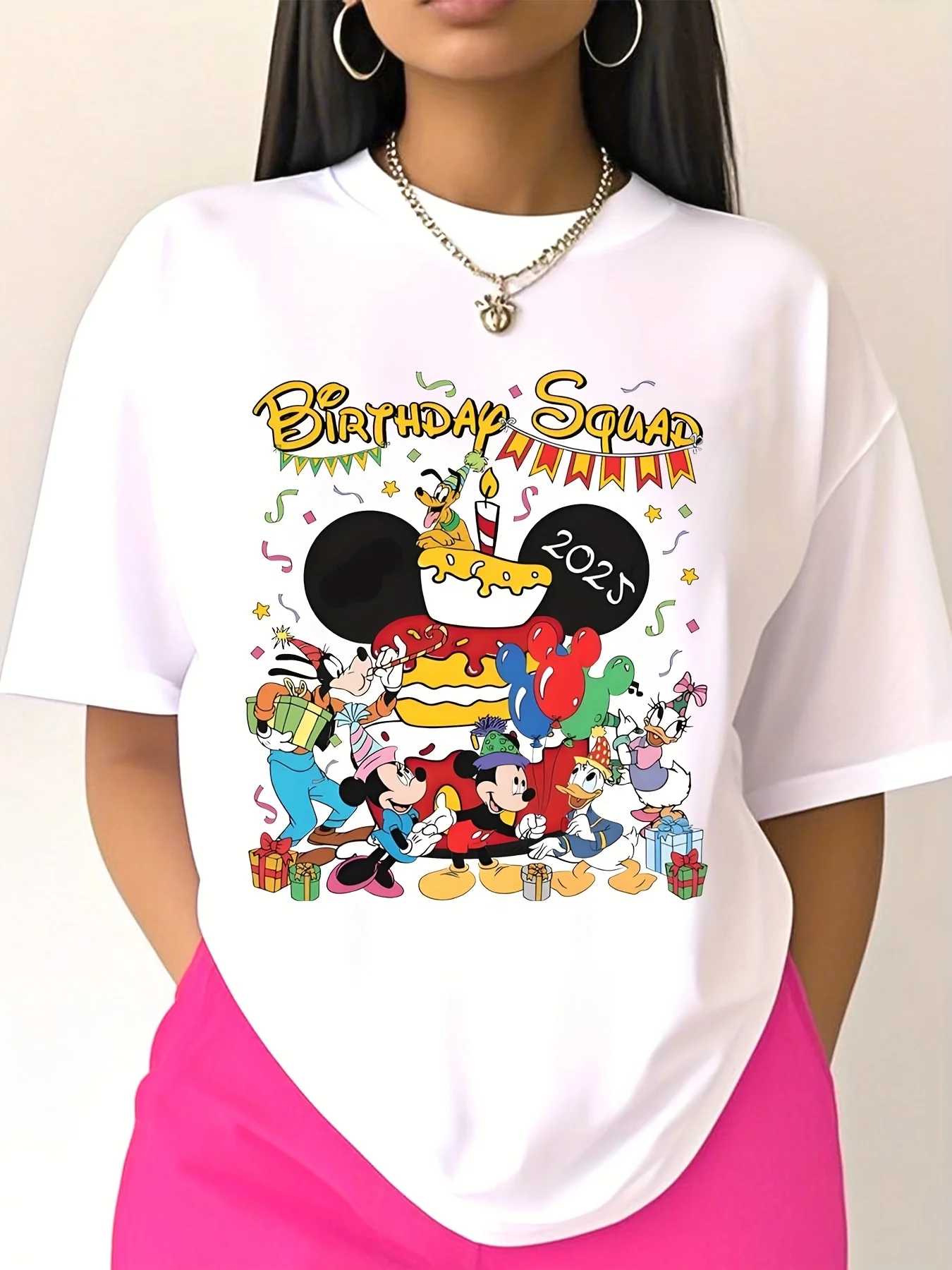 

Женская футболка с рисунком Disney Birthday Team Микки и Минни, повседневная летняя пляжная футболка с круглым вырезом и короткими рукавами, пляжная футболка