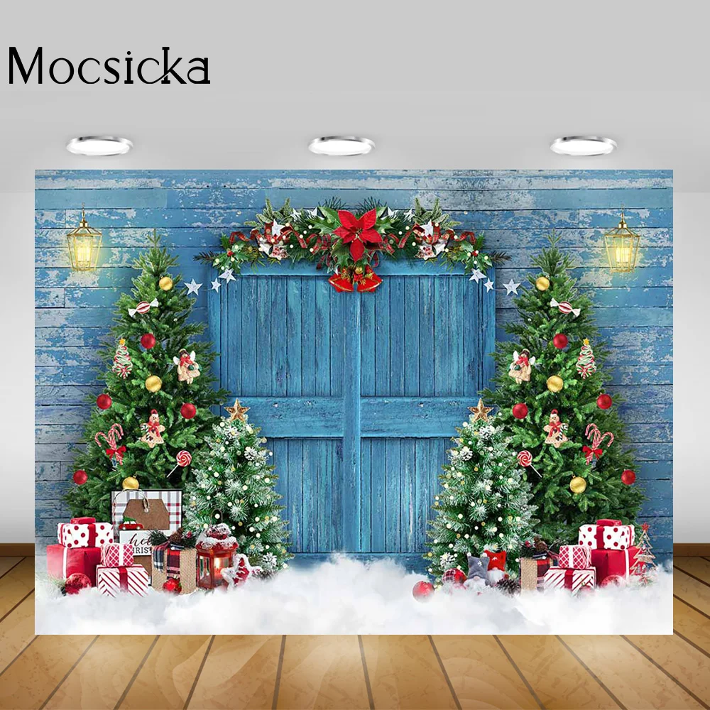 겨울 소박한 문짝 메리 크리스마스 파티 배경, 크리스마스 트리 산타 선물, 가족 초상화 사진 배경, 눈 사진 촬영