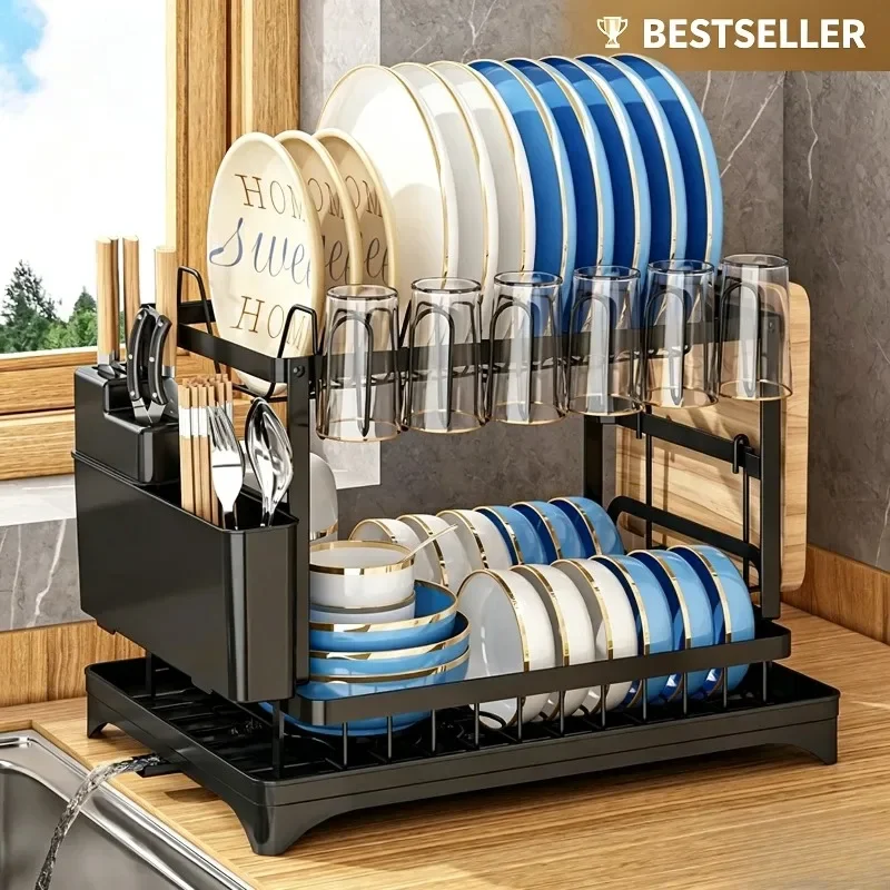 

2026 Premium 2Tier Dish Drain Rack with Water Drip Tray,Large Capacity Kitchen Countertop Storage Rack for Bowls Cups Tableware