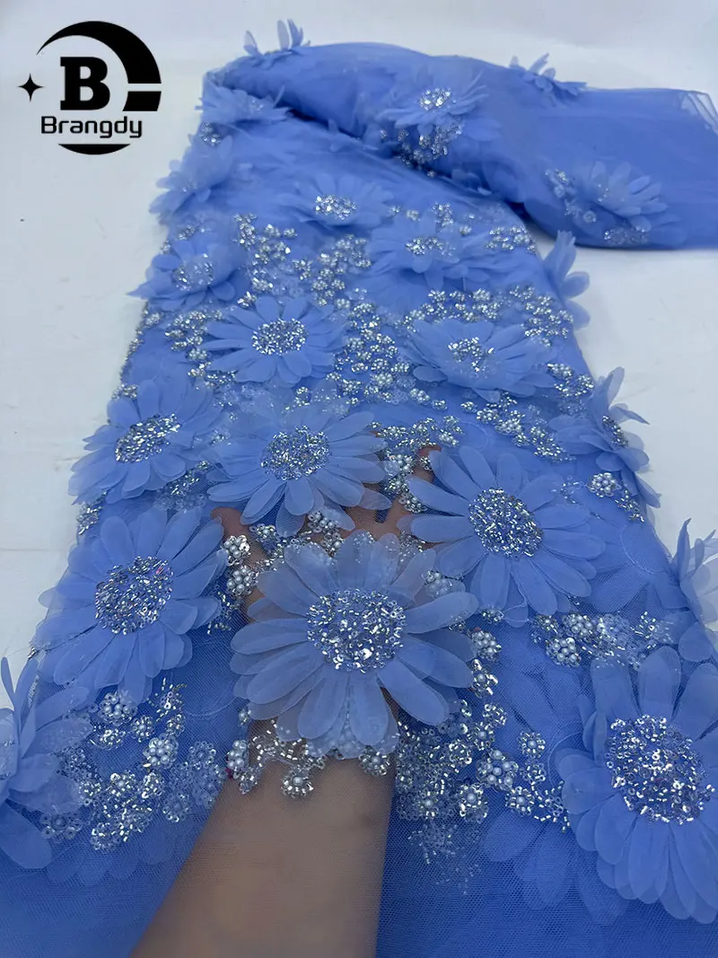 

2024 Fashion Elegant French 3D Flowers Embroidery Mesh Bead Lace Fabric African Nigerian Sequin Fabric For Wedding Dress