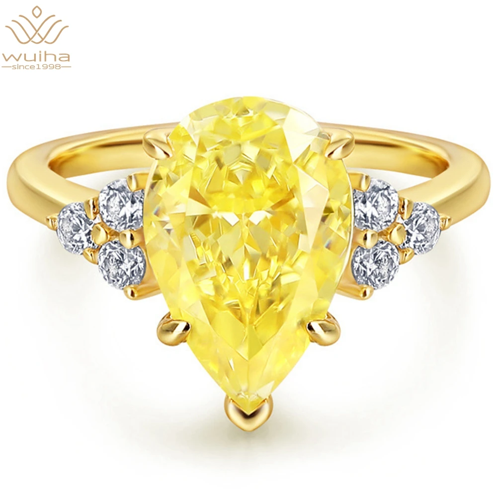 

WUIHA Solid 925 Sterling Silver Pear Cut Yellow Sapphire Created Moissanite Gemstone 18K Yellow Gold Wedding Ring for Women Gift