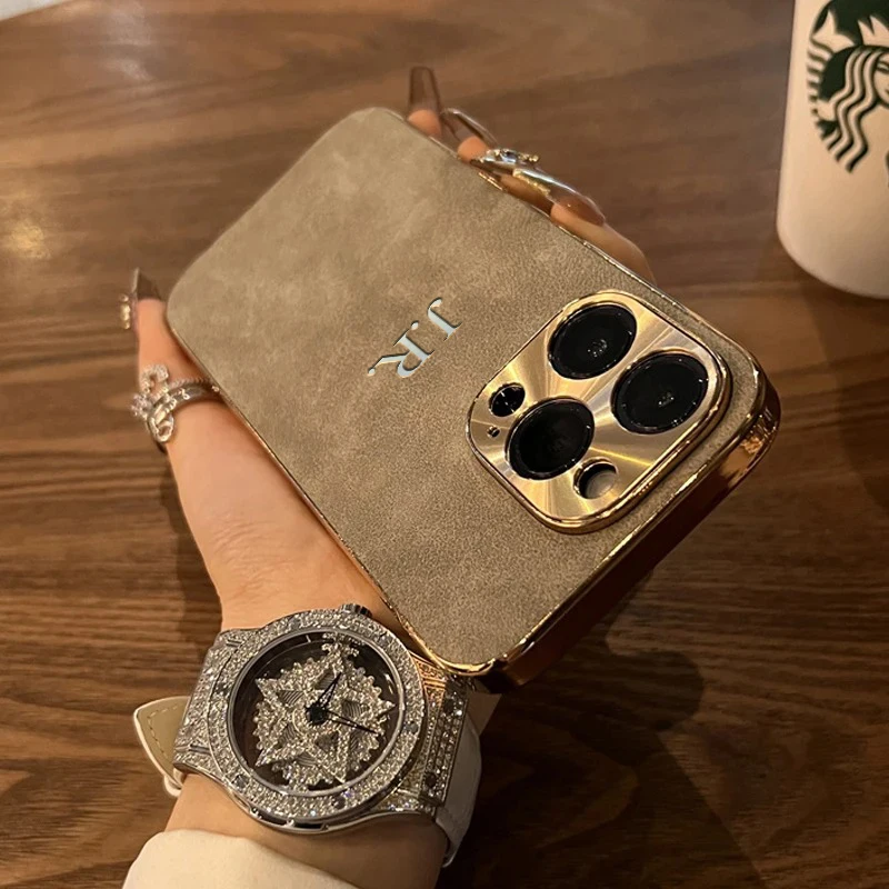 Personalized Customized Initials Name Case For Iphone 11 12 13 14 15 16 Pro Max Plating Electroplated Frame Lambskin Cover
