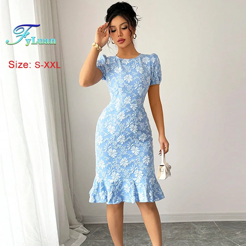 Novedad de verano, vestido de mujer con temperamento, Color sólido, cuello redondo, manga corta, vestido de cola de pez para mujer, vestido ajustado hasta la rodilla para ir al trabajo a la moda