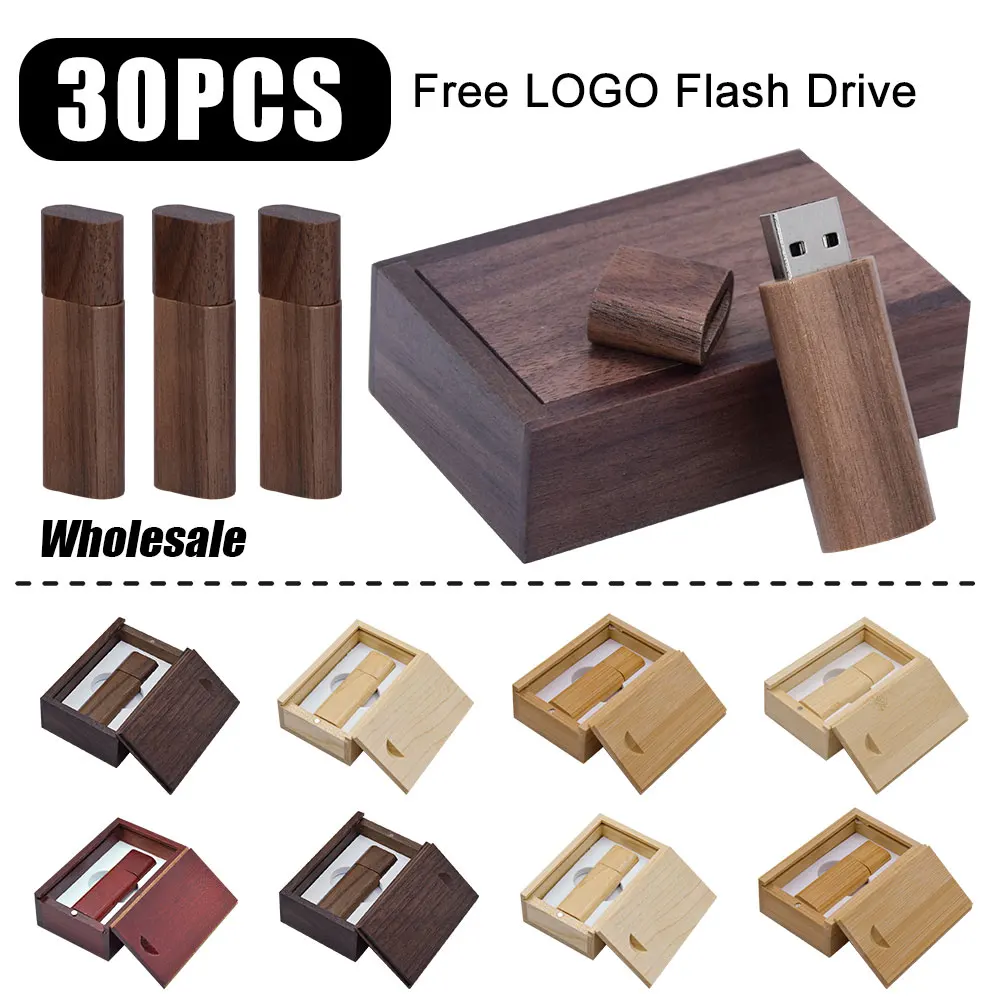 30PCS/Lot pen drive Wooden USB 2.0 flash drive wood Packing box pendrive 4GB 8GB 16GB 32GB 64GB memory stick Wholesale LOGO Free