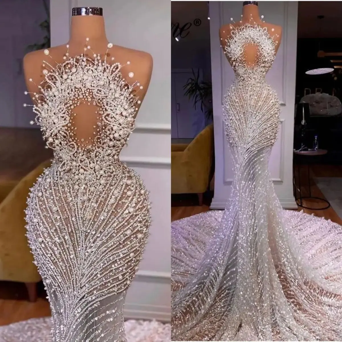 Maßgeschneiderte ärmellose Brautkleider für Frauen, sexy Perlenbesatz, Brautkleider mit Schleppe, Brautkleid
