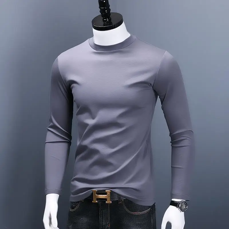 Fashion kaus pria, baju atasan lembut lengan panjang Slim Fit musim gugur dan musim dingin Turtleneck polos