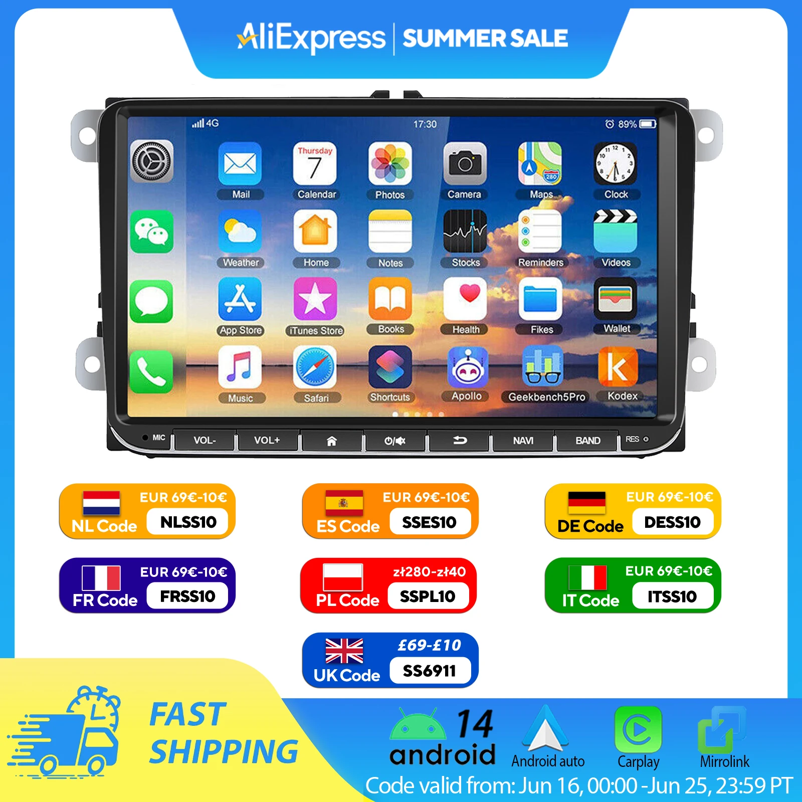9" Android 14 4G+64G Wireless Carplay Car Stereo GPS NAVI WIFI RDS FM BT EQ for VW Golf 5 6 Passat Polo Touran Tiguan Caddy EOS