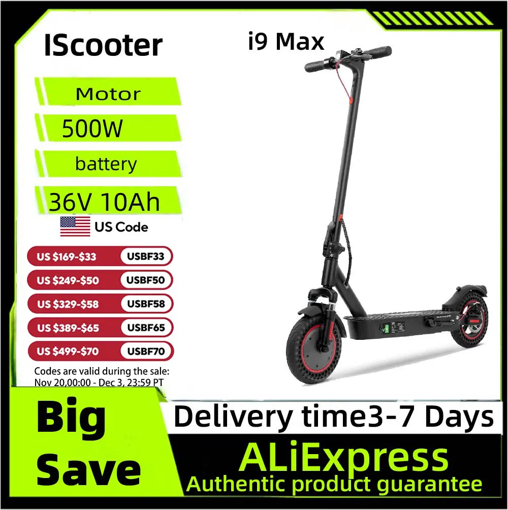 

Iscooter I9 Max Electric Scooter for Adults 500W Motor 36V 10AH Foldable Electric Scooter 10 Inch Tires City Electric Scooter