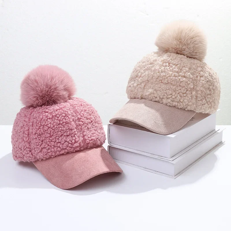 

Women Winter Faux Fleece Baseball Peak Cap Soft Warm Solid Color Cute Pompom Hip Hop Sunscreen Visor Brim Beanie Hat Gorra