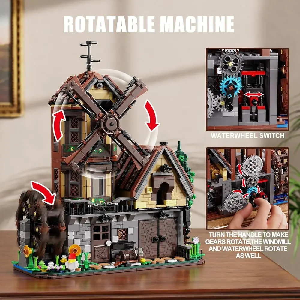 Leuchtende mechanische Bauernhof-Bausteine-Set mit Windmühle und Wasserrad, 1436 Teile für Kinder ab 10 Jahren