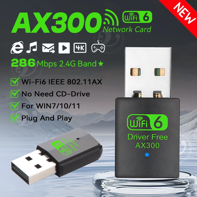 

Mini USB WiFi Wireless Adapter WIFI6 AX300 802.11AX Network Card 2.4GHz Dongle Receiver 286M For PC/Laptop Win7/10/11 Drive Free