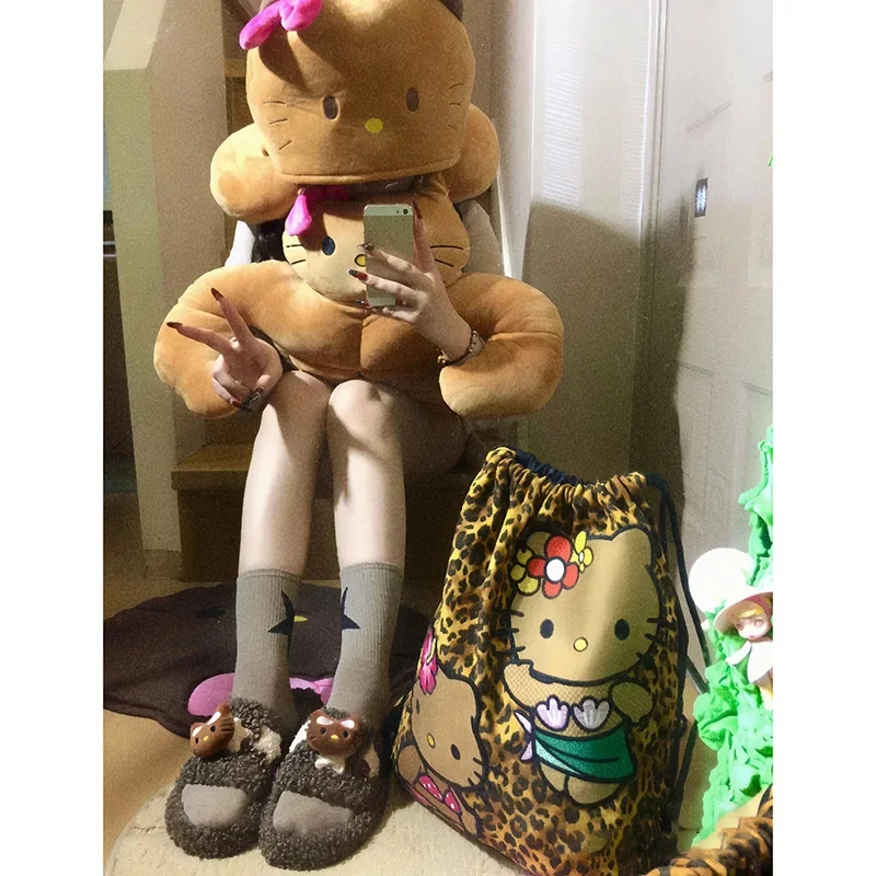 Kawaii Hello Kitty Plush Leopard Print Storage Bag Phone-Bag Drawstring Crossbody Bags Cute Girl Cosmetic Storage Shoulder Bags